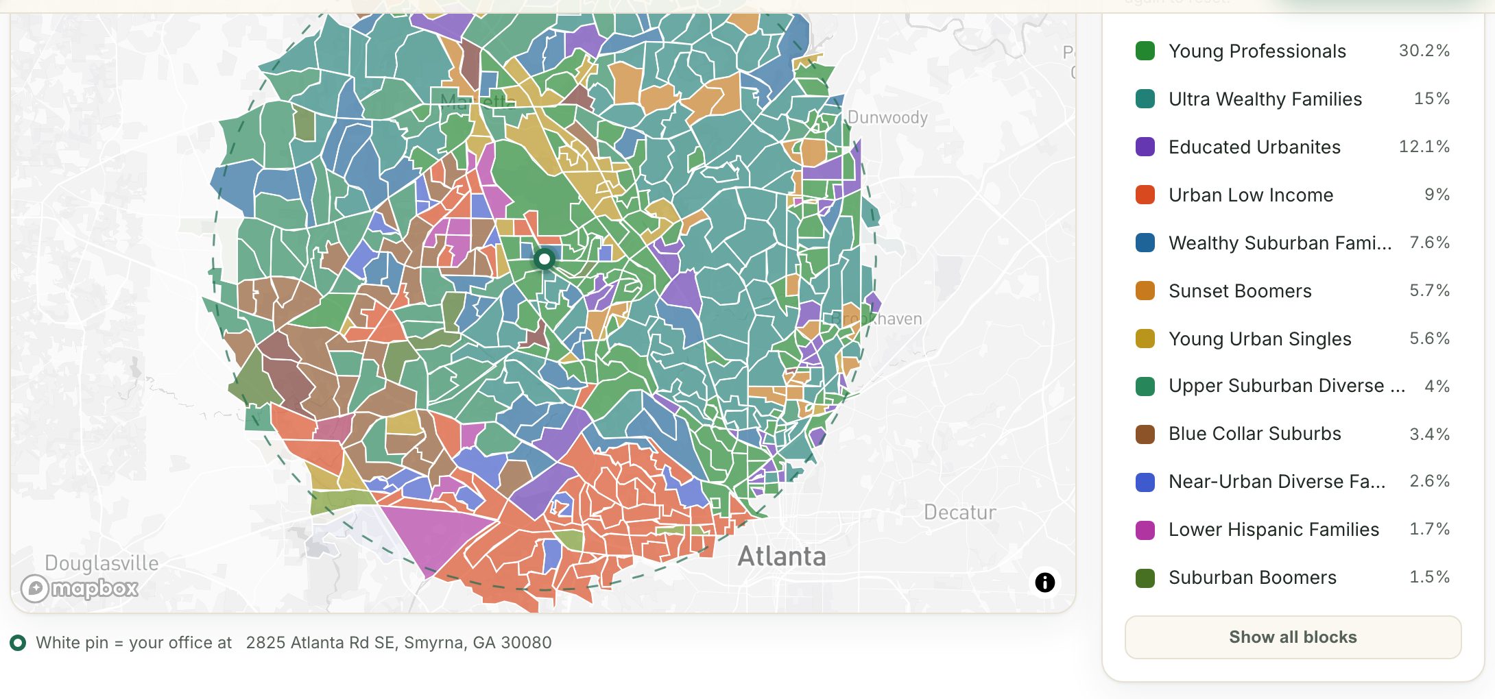 Sample report: the neighborhood mapped block by block by group
