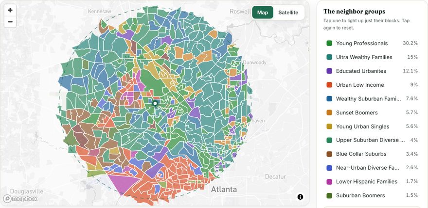 Sample dental practice report: every neighborhood around the office colored by consumer group, with the groups ranked alongside.