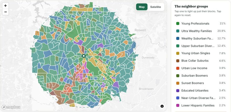Sample home services report: the neighborhoods around the company colored by consumer group, with the groups ranked alongside.