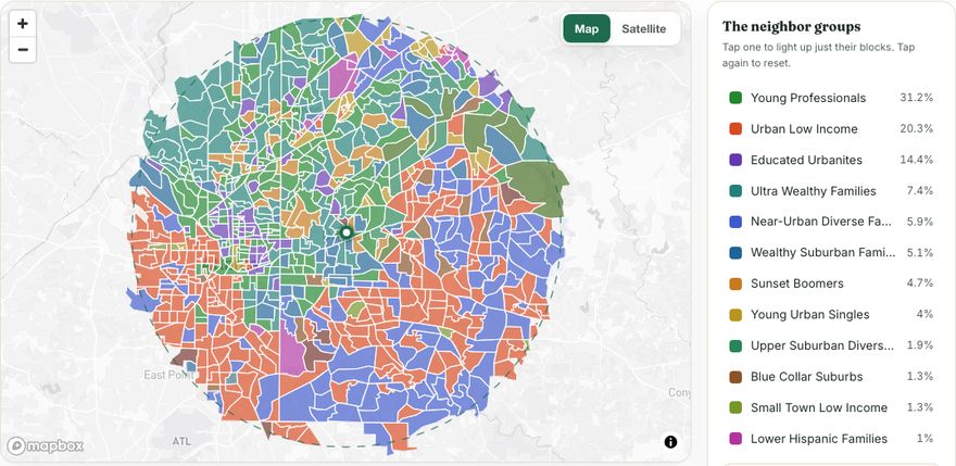 Sample restaurant report: the neighborhoods around the restaurant colored by consumer group, with the groups ranked alongside.